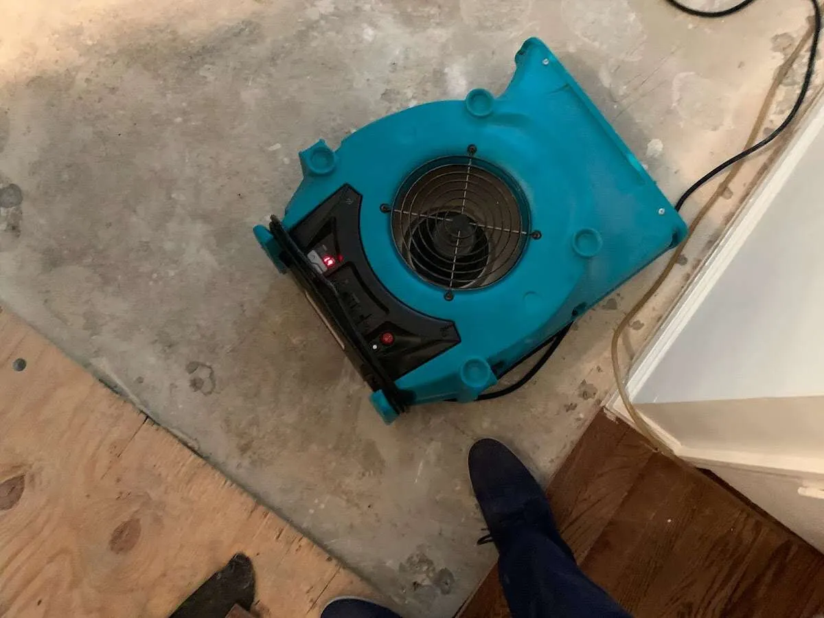 Air mover drying subfloor during Leak Detection & Repair in Moncks Corner